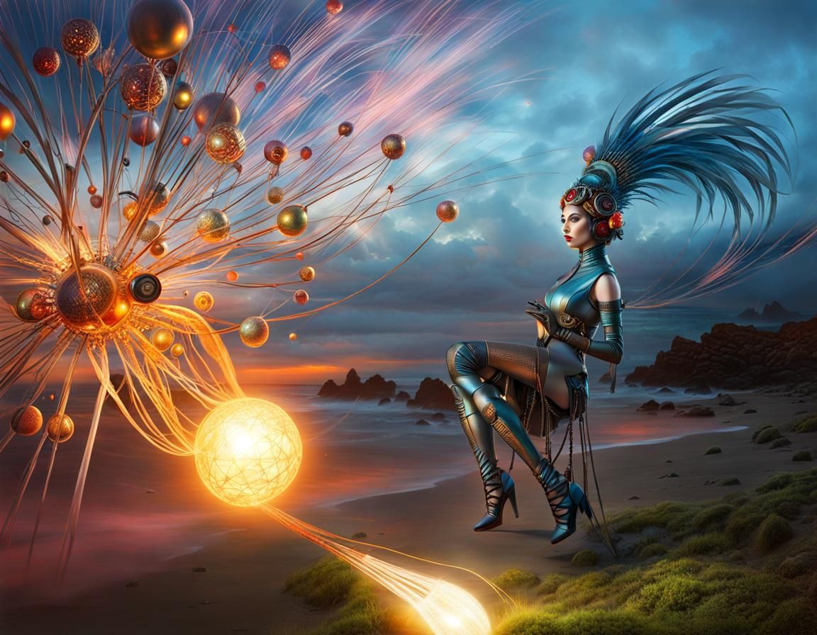 Metallic Mannequin with Plasma Ball on Sunset Beach