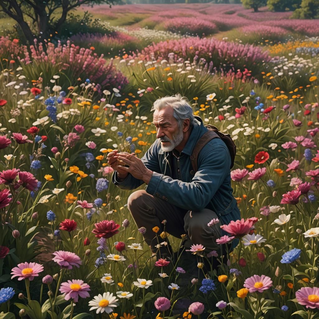Man Sneezing in Blooming Field: Fantasy Concept Art