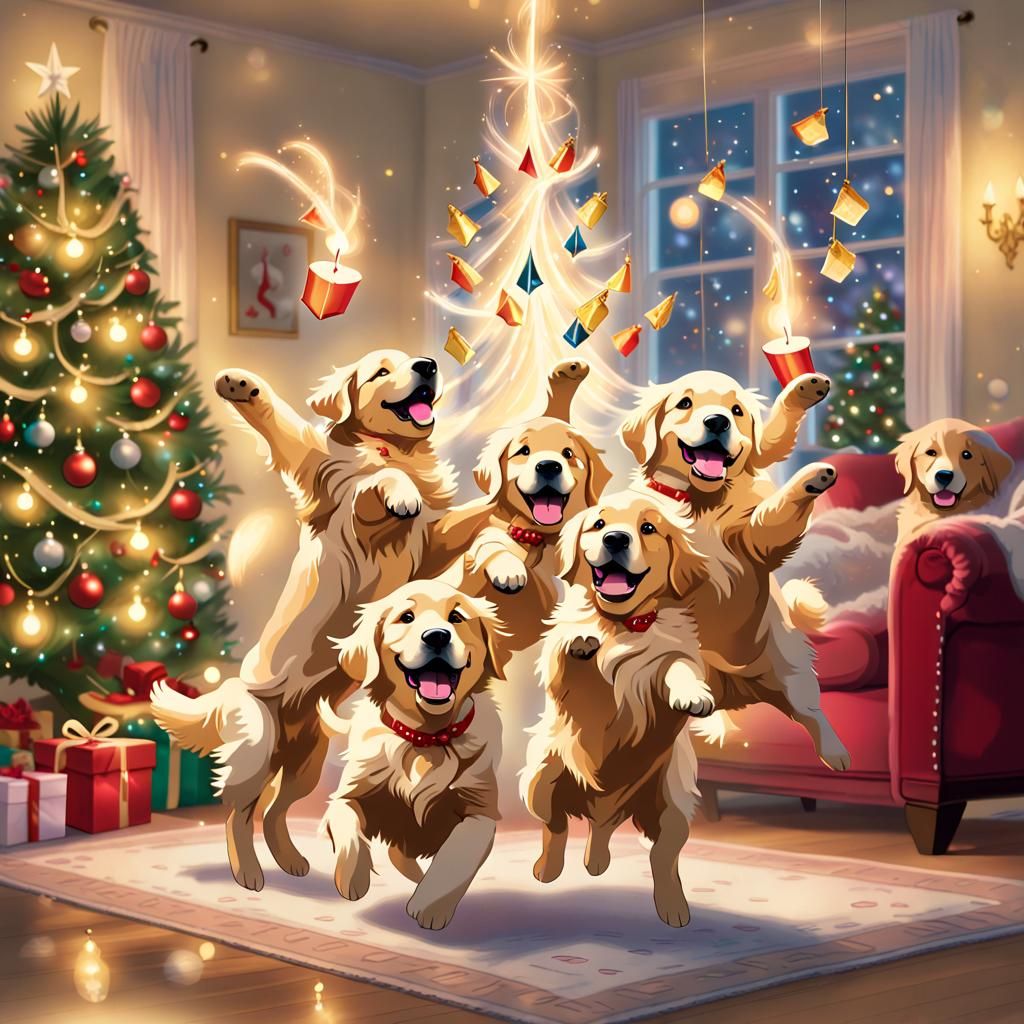 golden retriever puppies  whirling vibrant dreidels in mid-a...