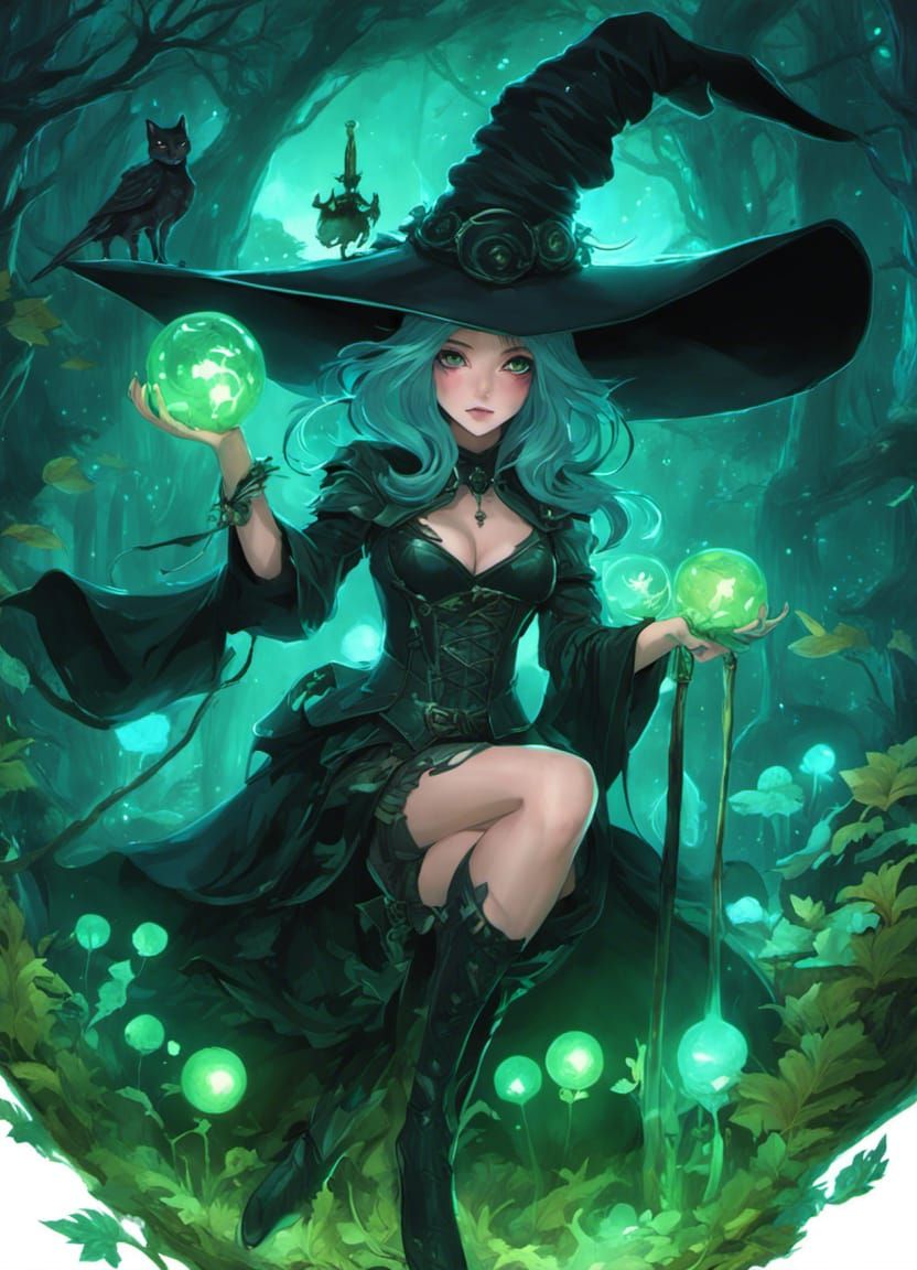 Gothic Witch in Bioluminescent Forest with Kittens