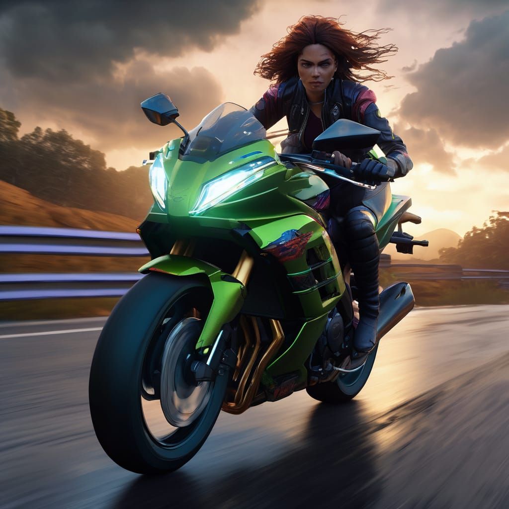 Vibrant Oil Painting of Jade Cargill on a Kawasaki Ninja 650...