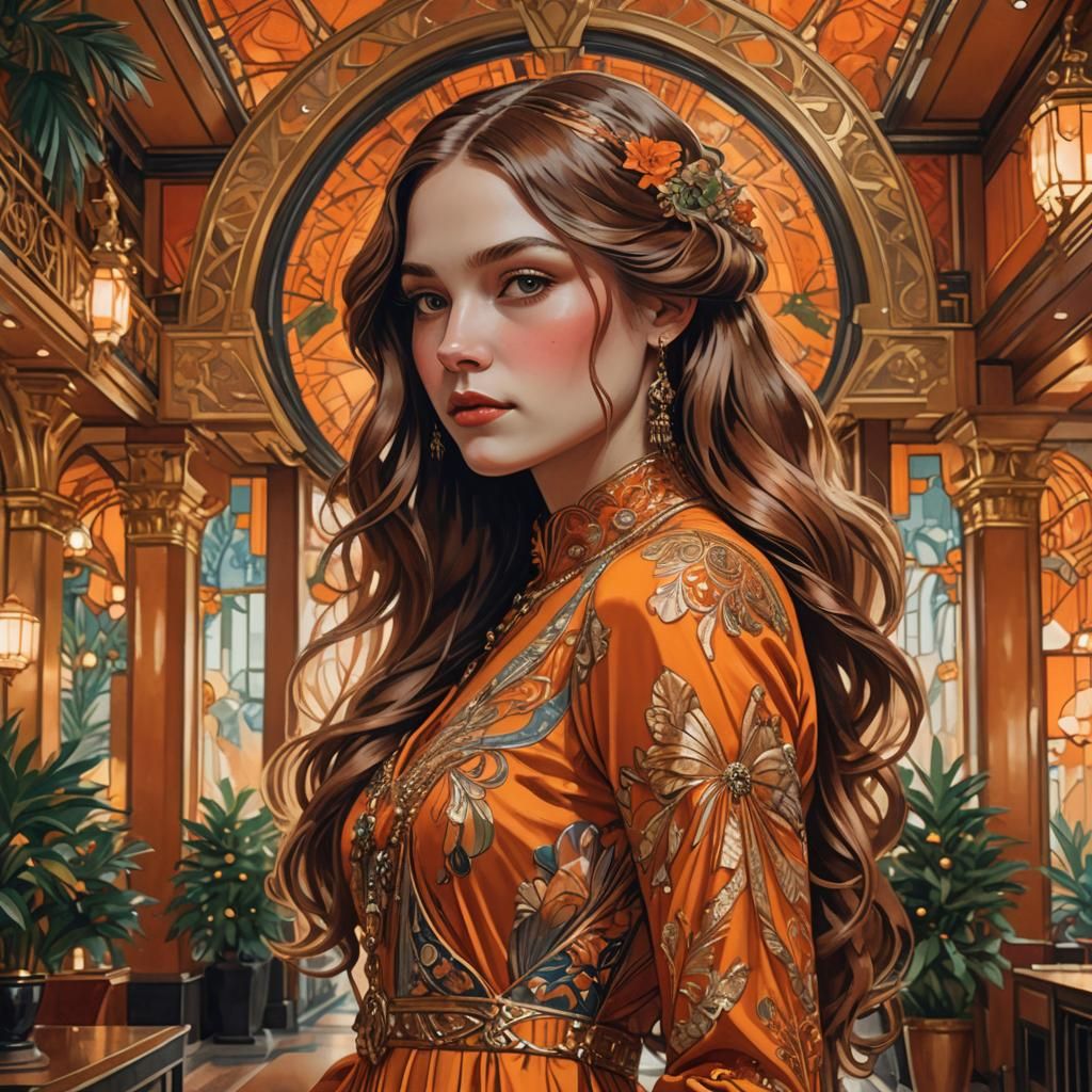 Art Deco Girl in Jugendstil Hotel Lobby