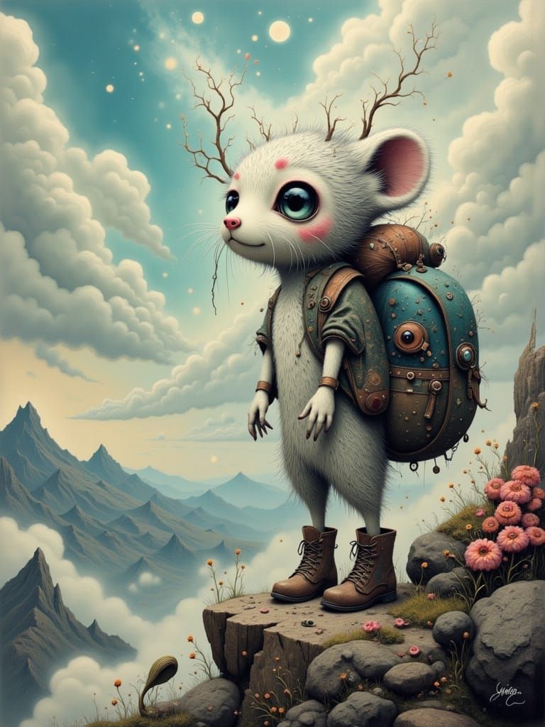 Furry Creature Gazing at Spectral Landscape