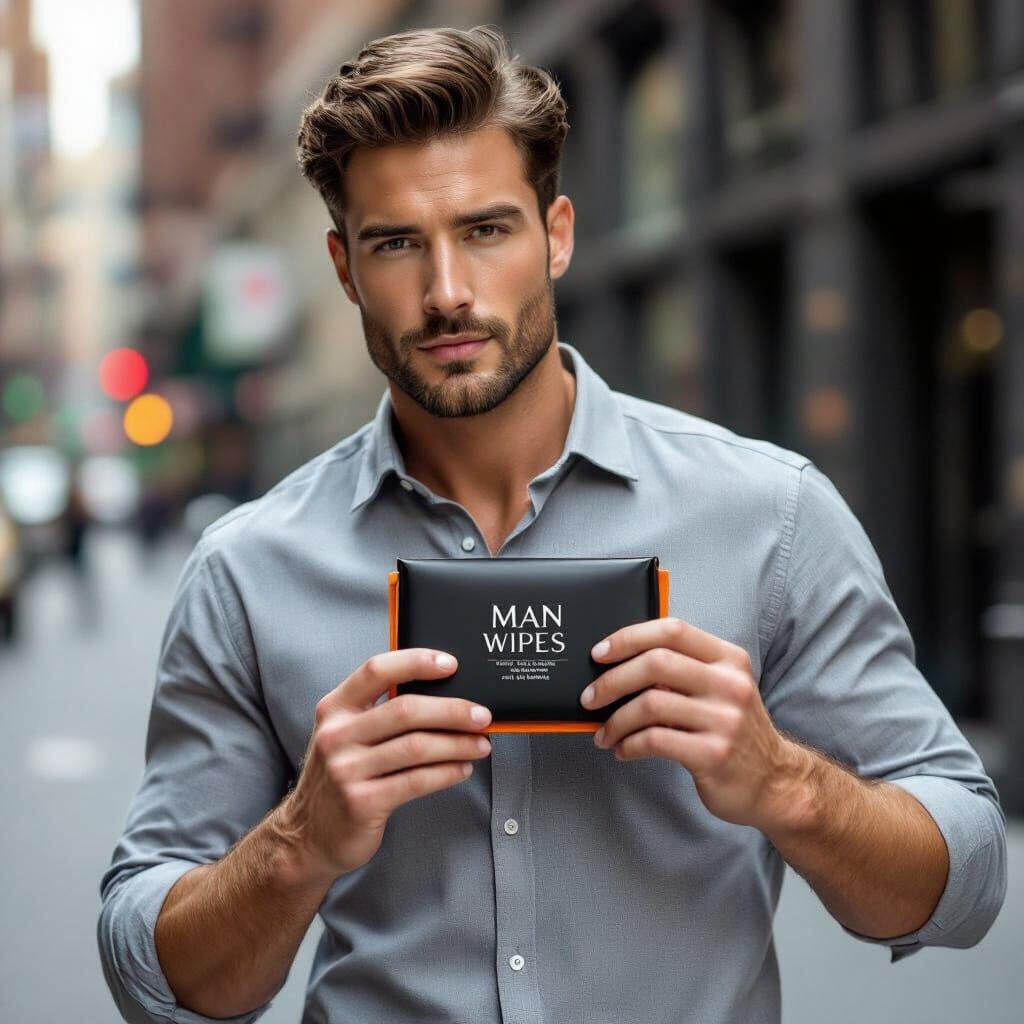 Confident Man Poses With Premium "MAN WIPES" Product