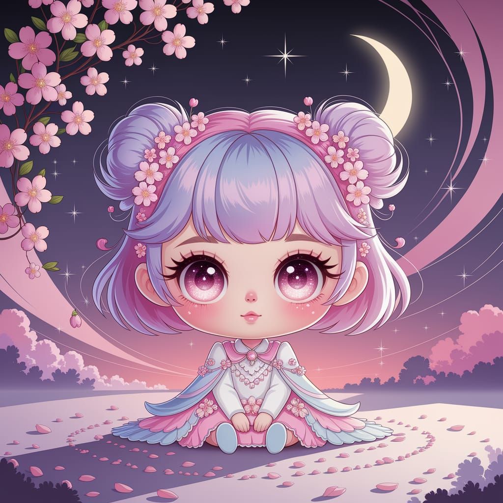 Kawaii Chibi Guardian Under Crescent Moon