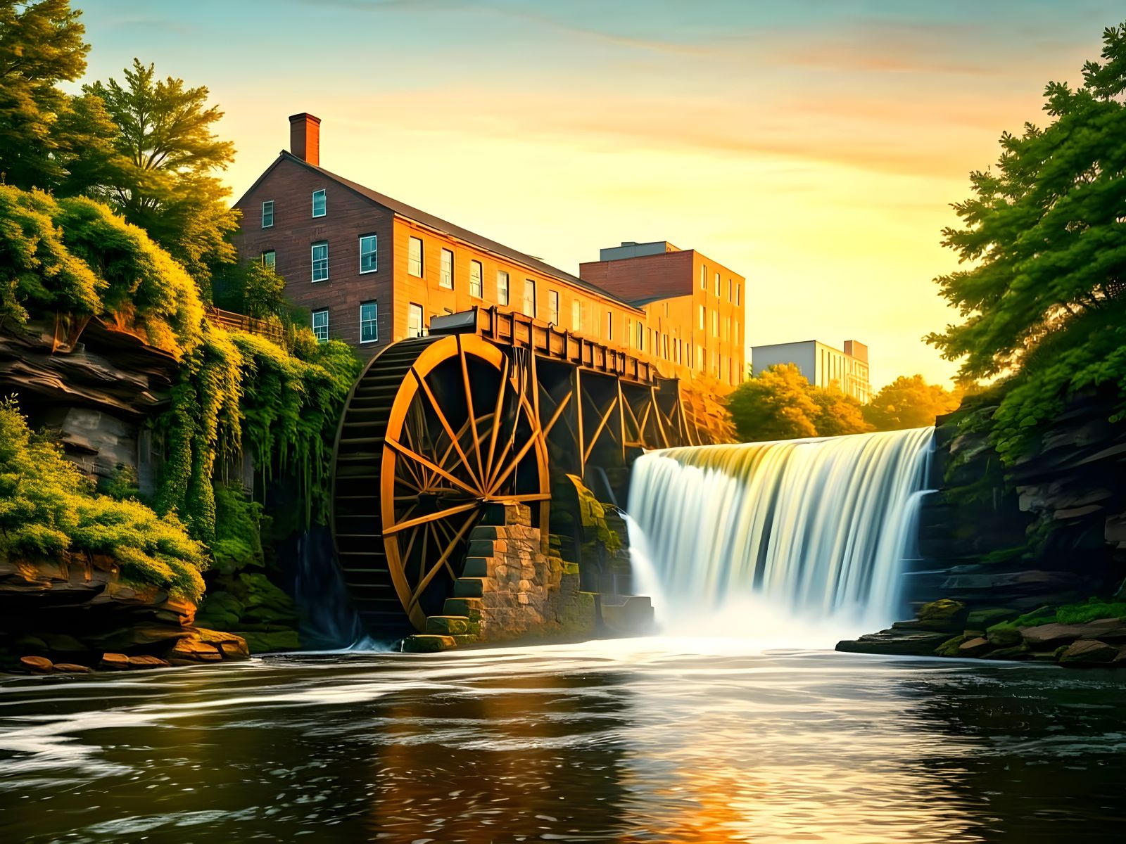 Historic Waterwheel at Sunrise in Paterson, New Jersey