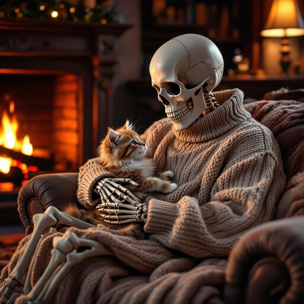 Skeleton Cuddles Kitten by Fireplace