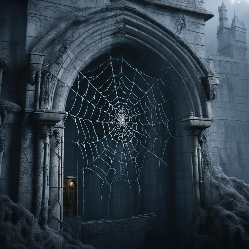 Eerie Gothic Castle Door Sealed by Giant Spiderweb