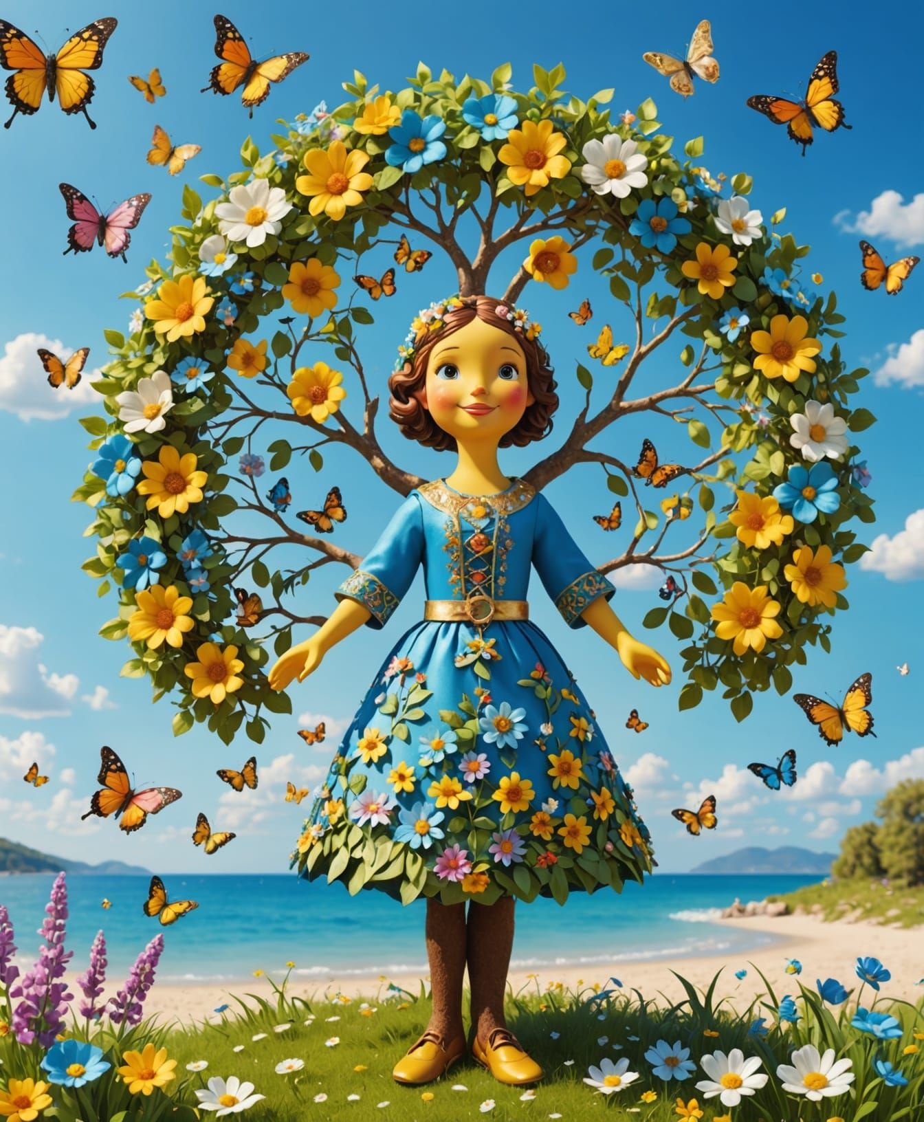 Vibrant Beachside Tree of Life in Colorful Folk Costume