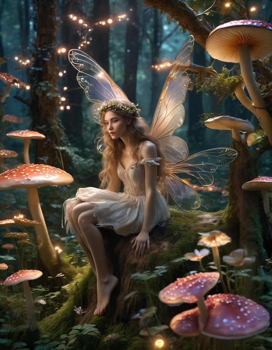 Enchanting Fairy on Mystical Mushroom in Forest