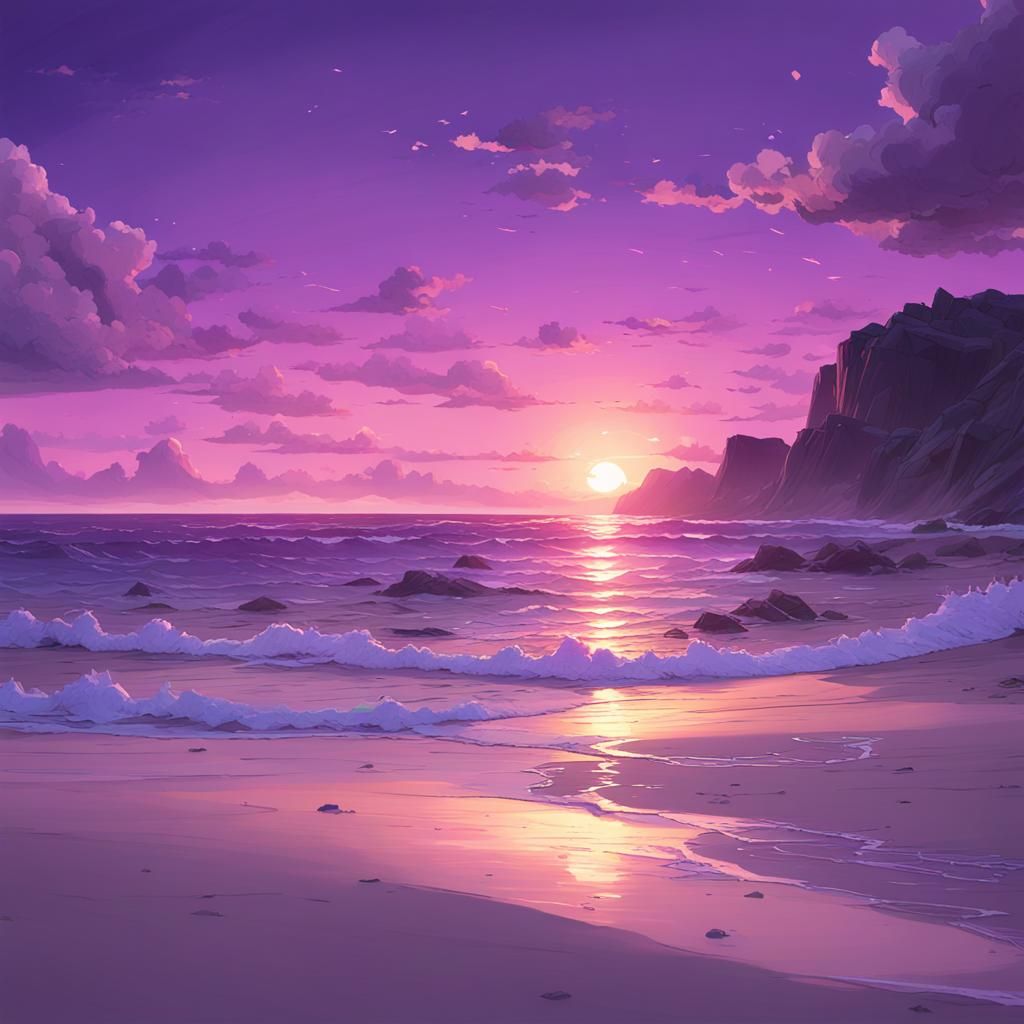 Purple Sunset Beach in 3D Anime Style