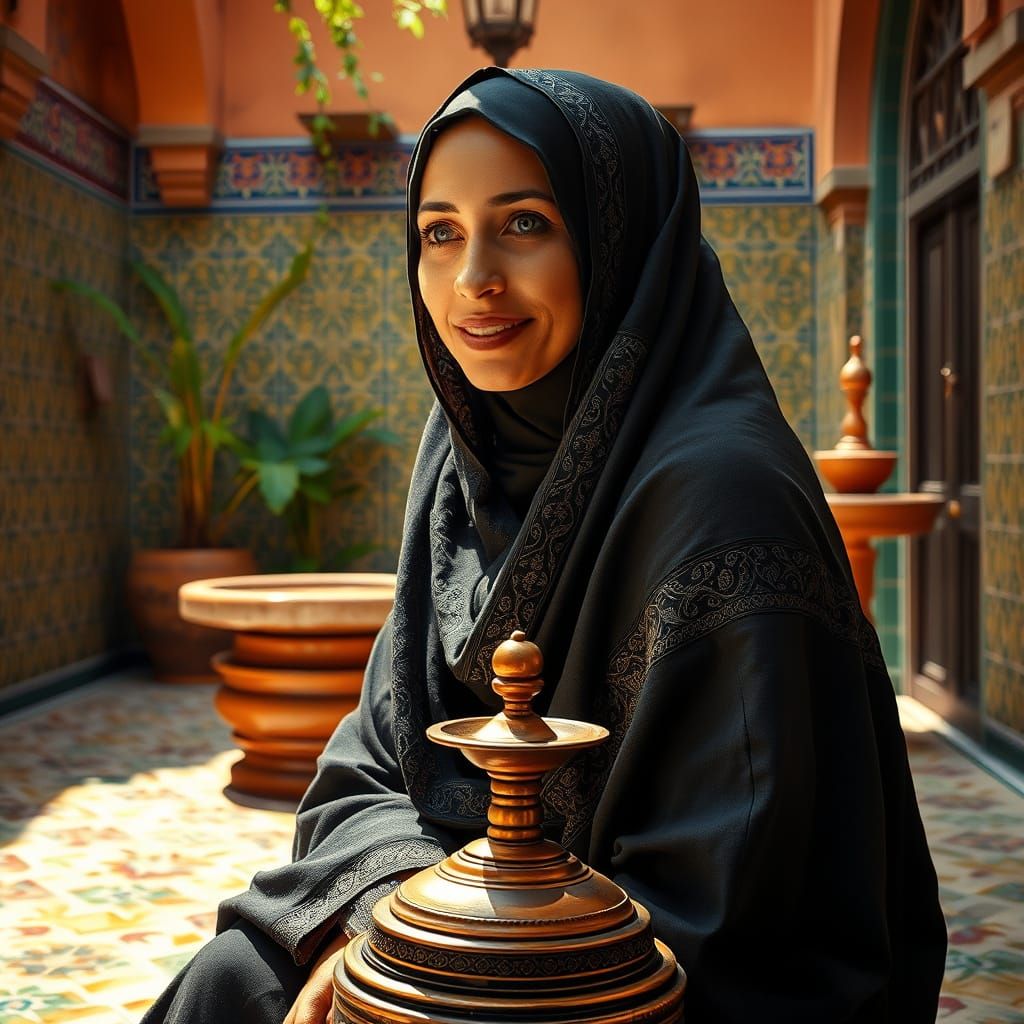 Serene Woman in Moroccan Courtyard, Baroque Oil Painting