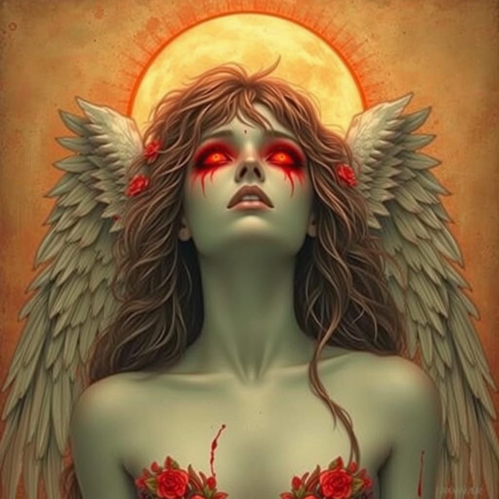 Fallen Angel's Bleeding Eyes in Art Nouveau Style