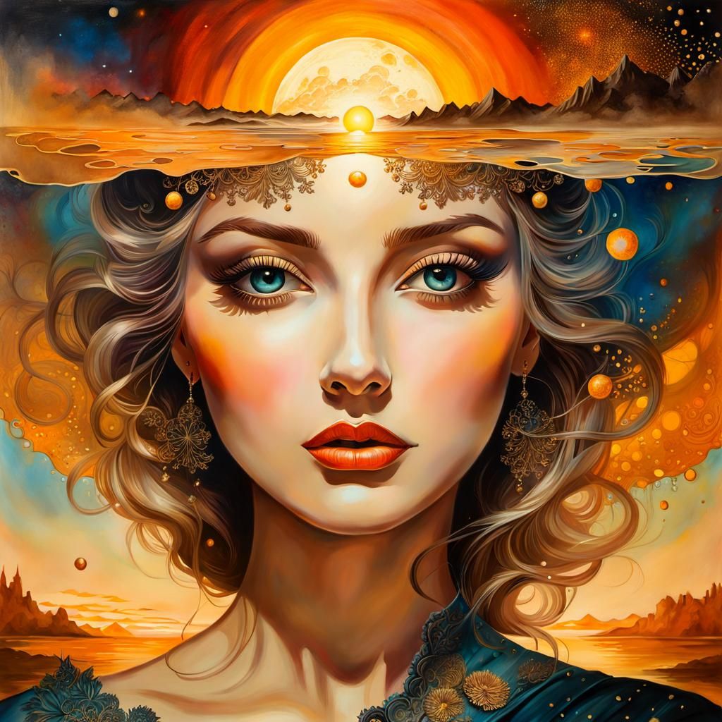 Female portrait, sunset painting, surrealism, mail art, detailed oil Rococo masterpiece, fantasy...