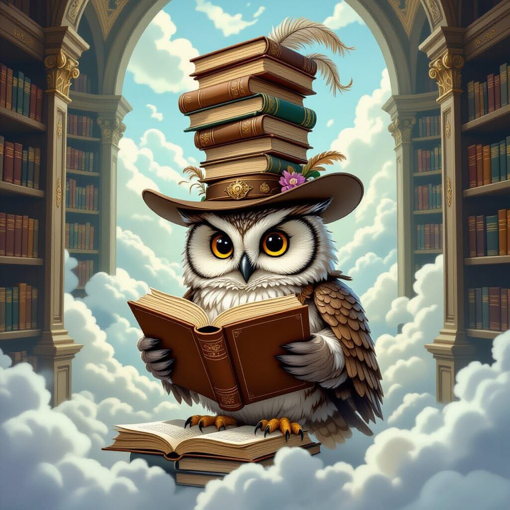 Owl Librarian Organizes Scrolls in Floating Enchanted Librar...