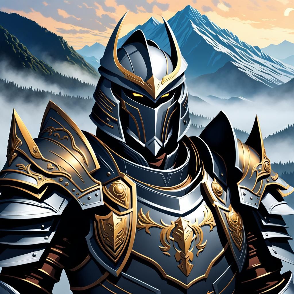 Armored Warrior Portrait in Misty Valley