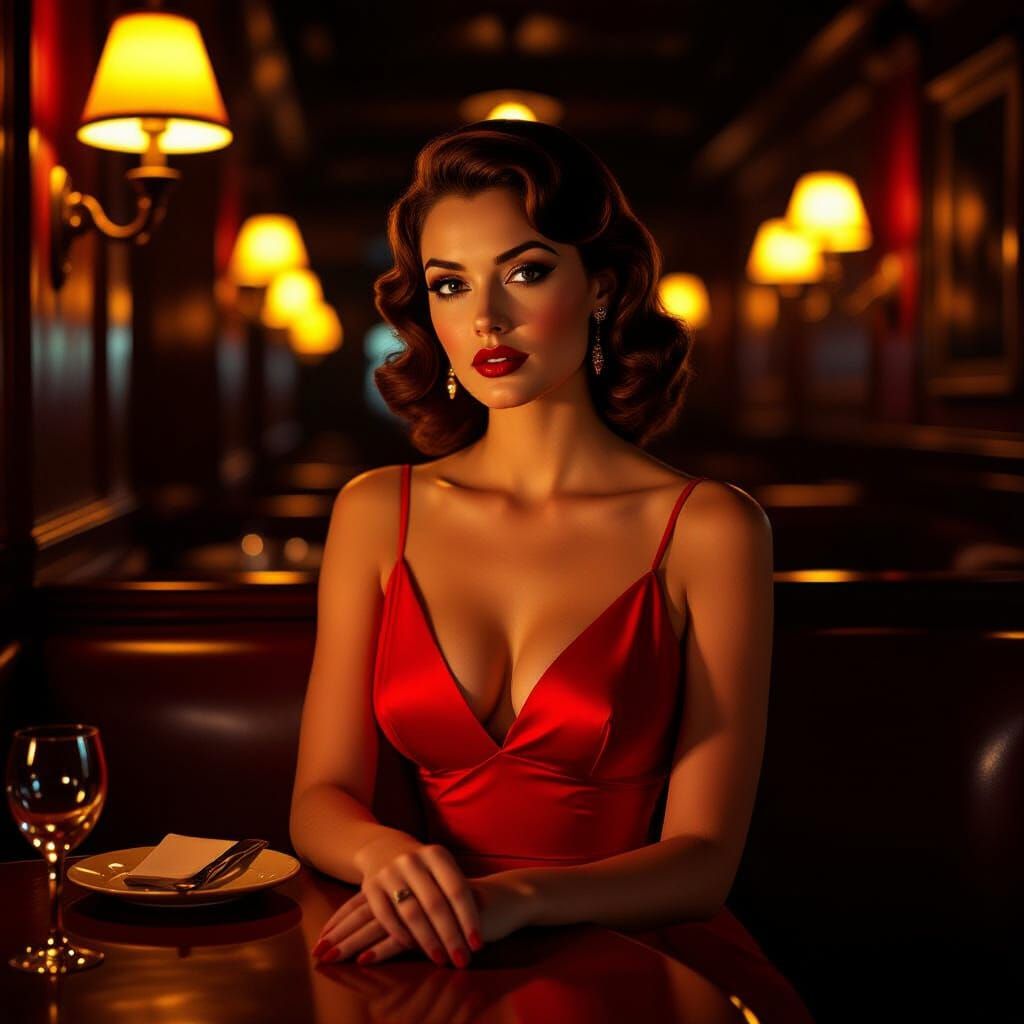 Woman in Red Dress, Film Noir Style Restaurant Ambiance