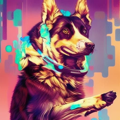 Dog with headphones, gorgeous eyes, Edwin Landseer, 8k splash art, spray paint, oil gouache melting, polychromatic, ultr...