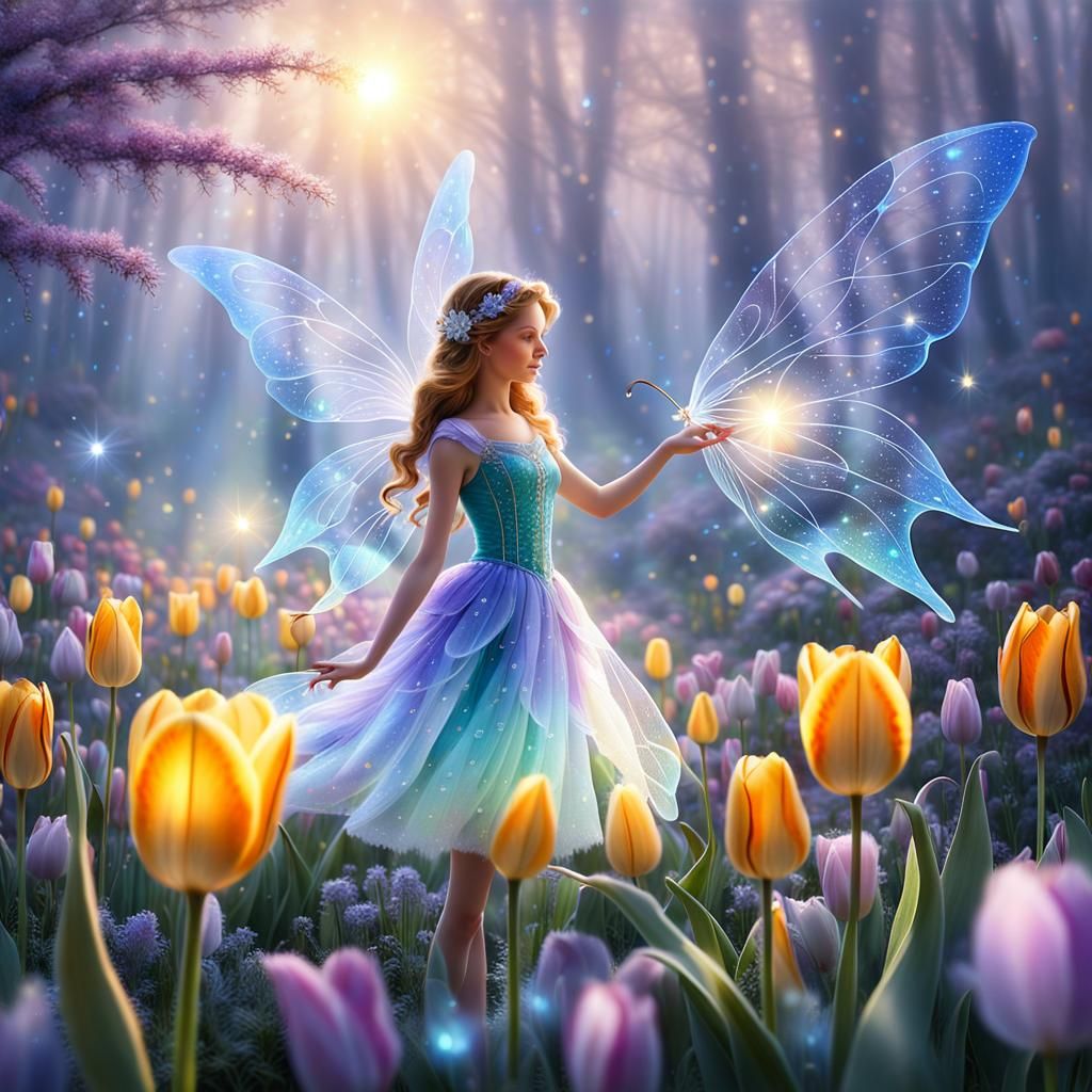 Ethereal Fairy with Glowing Tulip in Kinkade Style