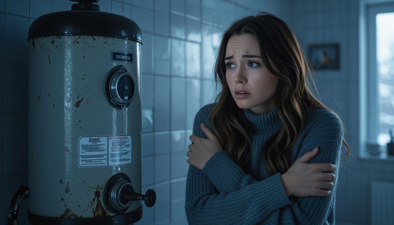 Anxious Woman Worriedly Eyes Cold Gas Geyser in Winter Light