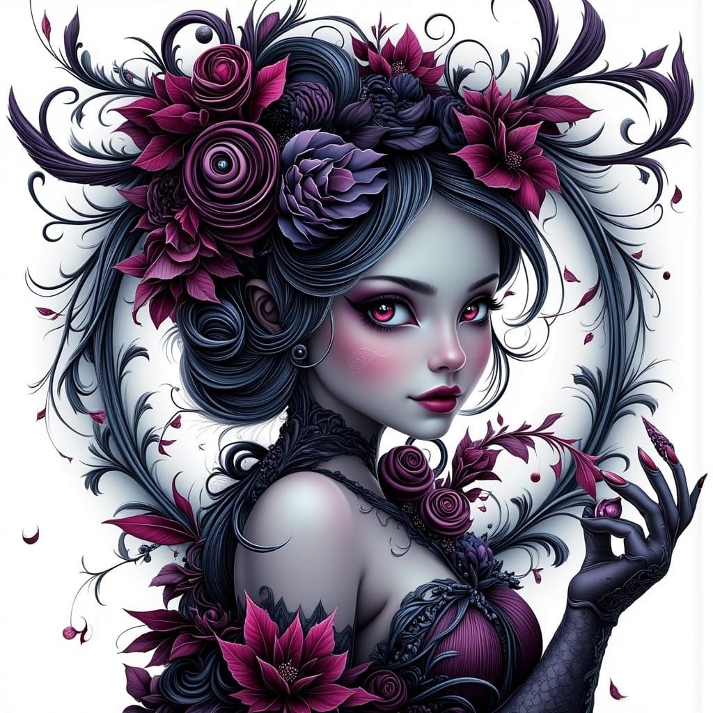 Gothic Fairy in Rich Jewel Tones, Cartoonized with Bold Line...