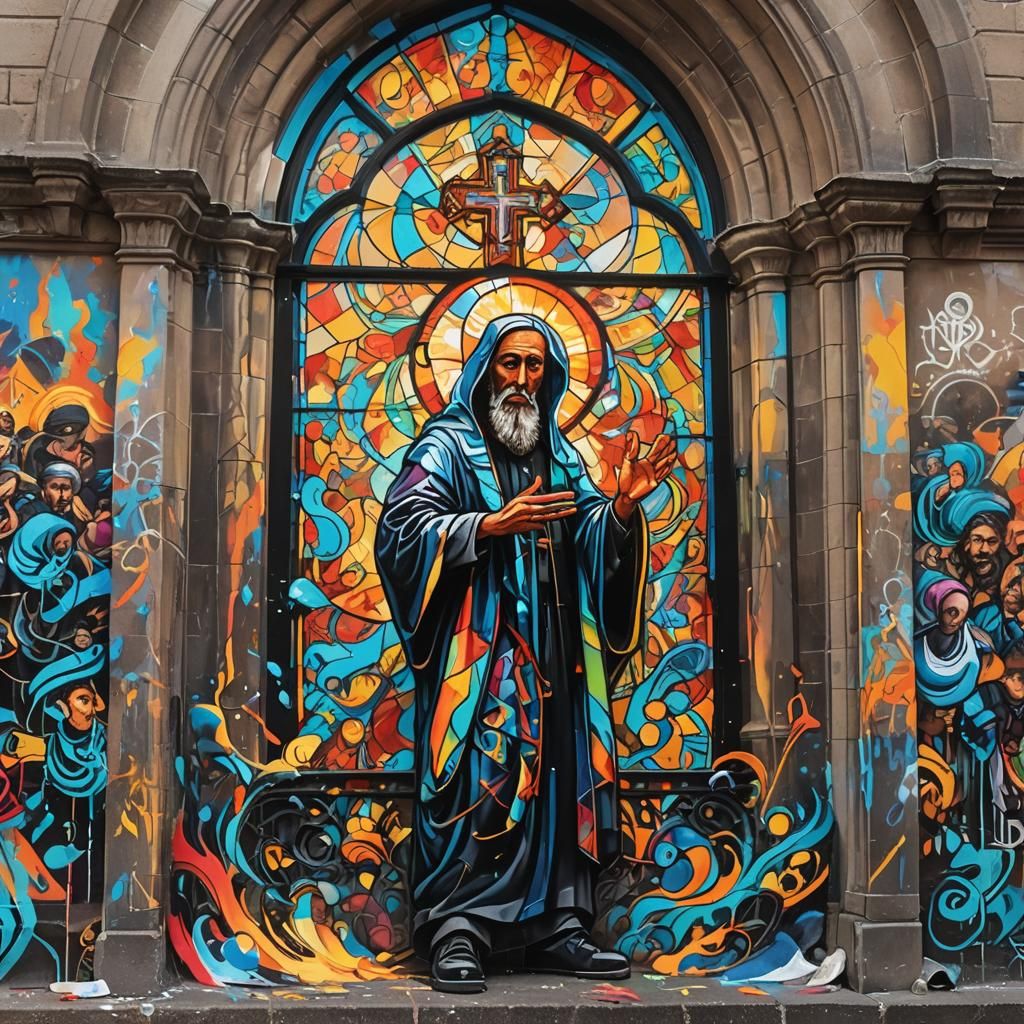 Ra Among Parishioners: Vibrant Street Art in Gouache
