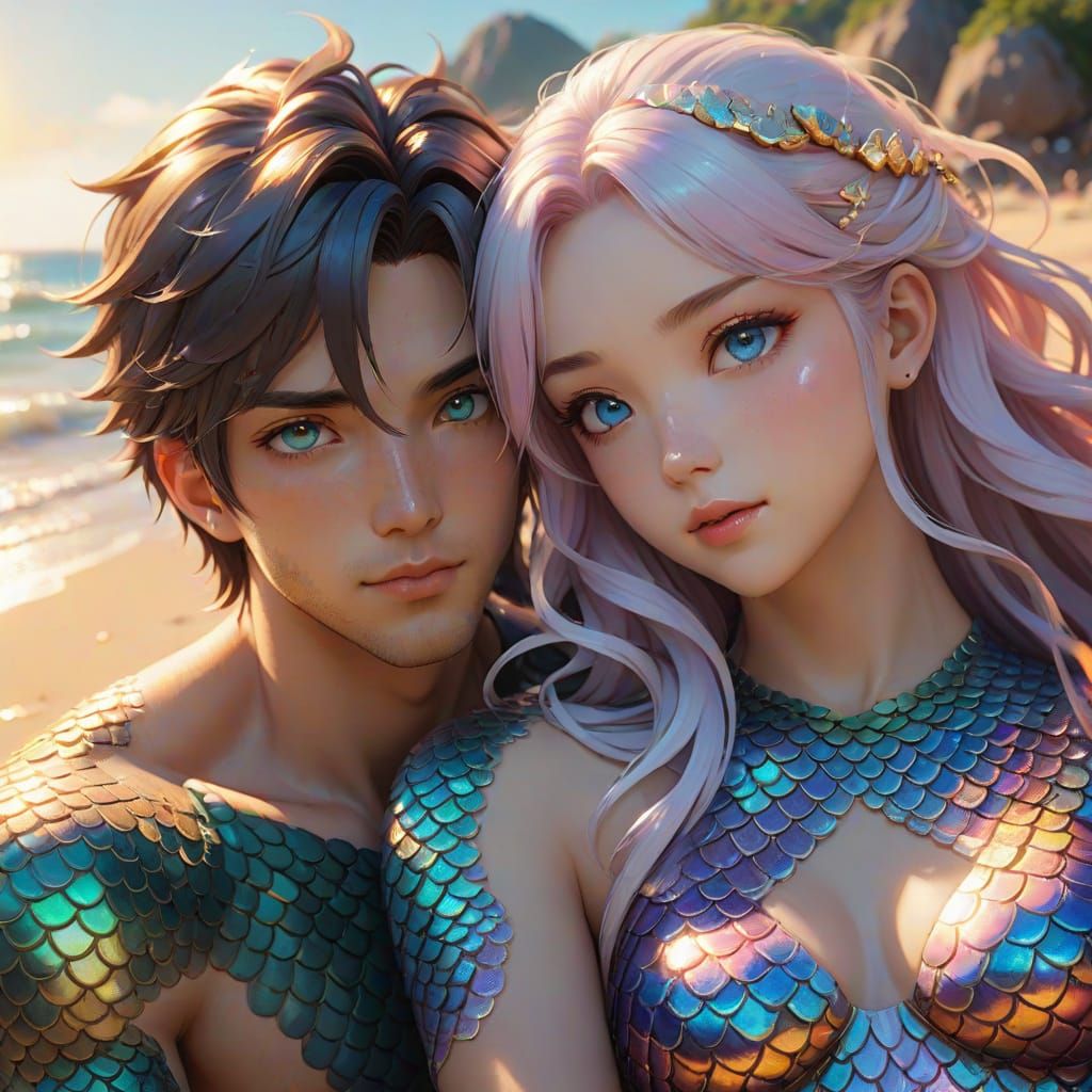 Merfolk Resting on Beach in 3D Anime Art