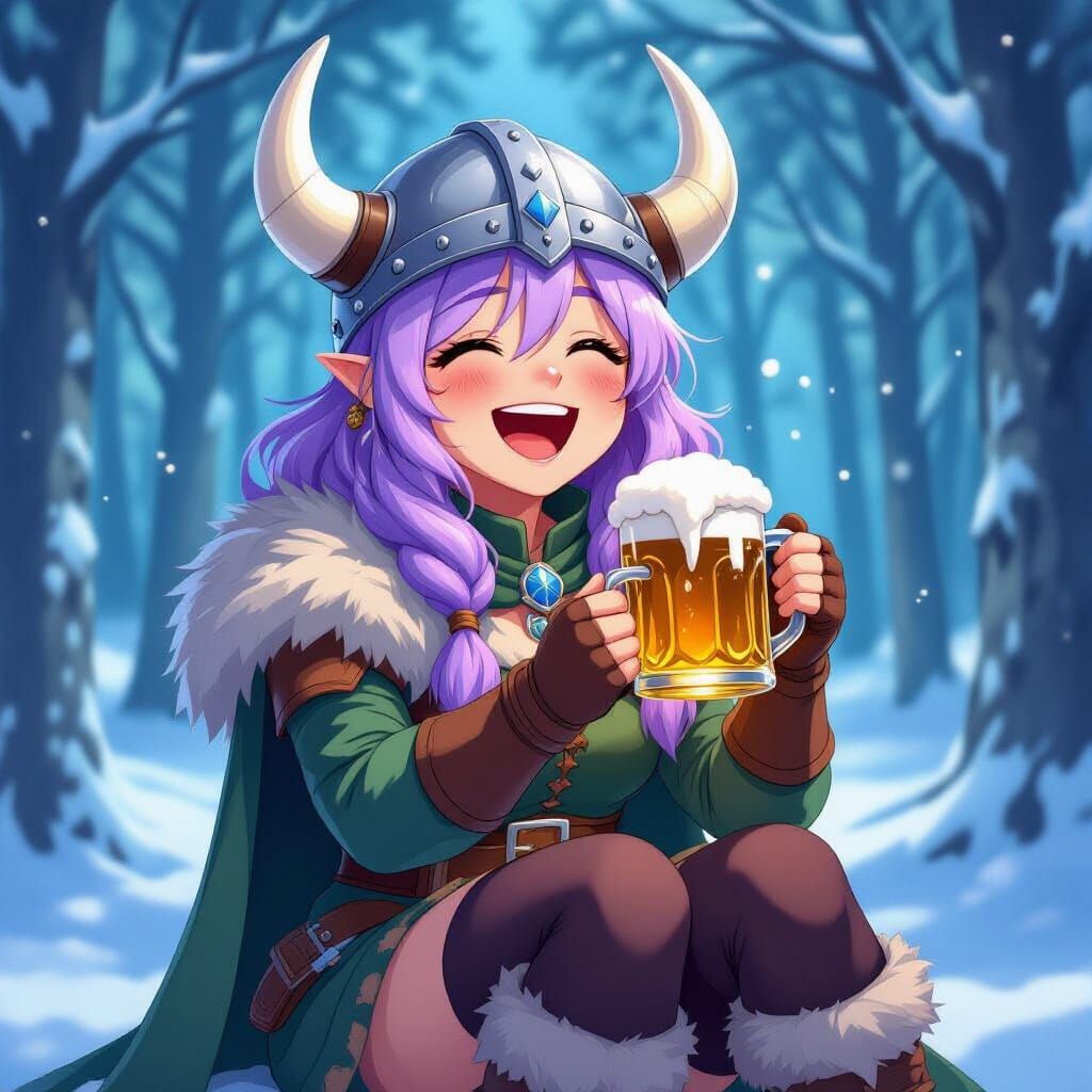 Happy Viking Woman with Purple Hair in Anime Style