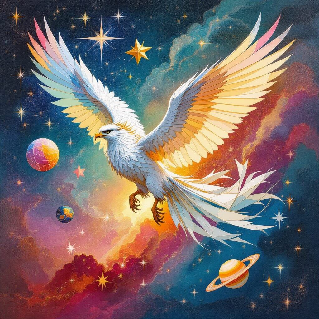 Cosmic Griffin Soaring Through Nebula, in Art Nouveau Style