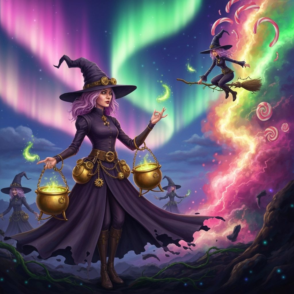 Witches Casting Spells Under Aurora Sky