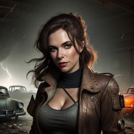 Steampunk Mechanic Girl in Garage at Evening