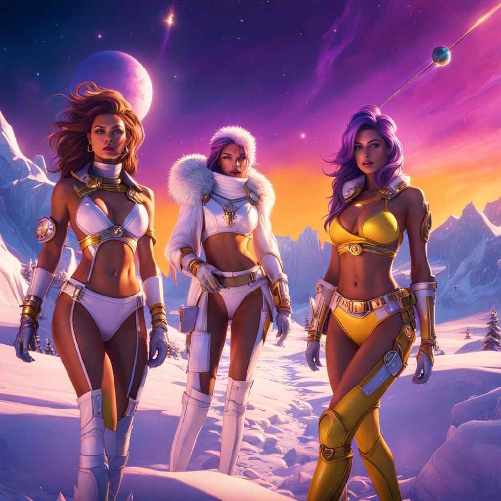 Space Babes on Snow Planet in Dark Fantasy Style