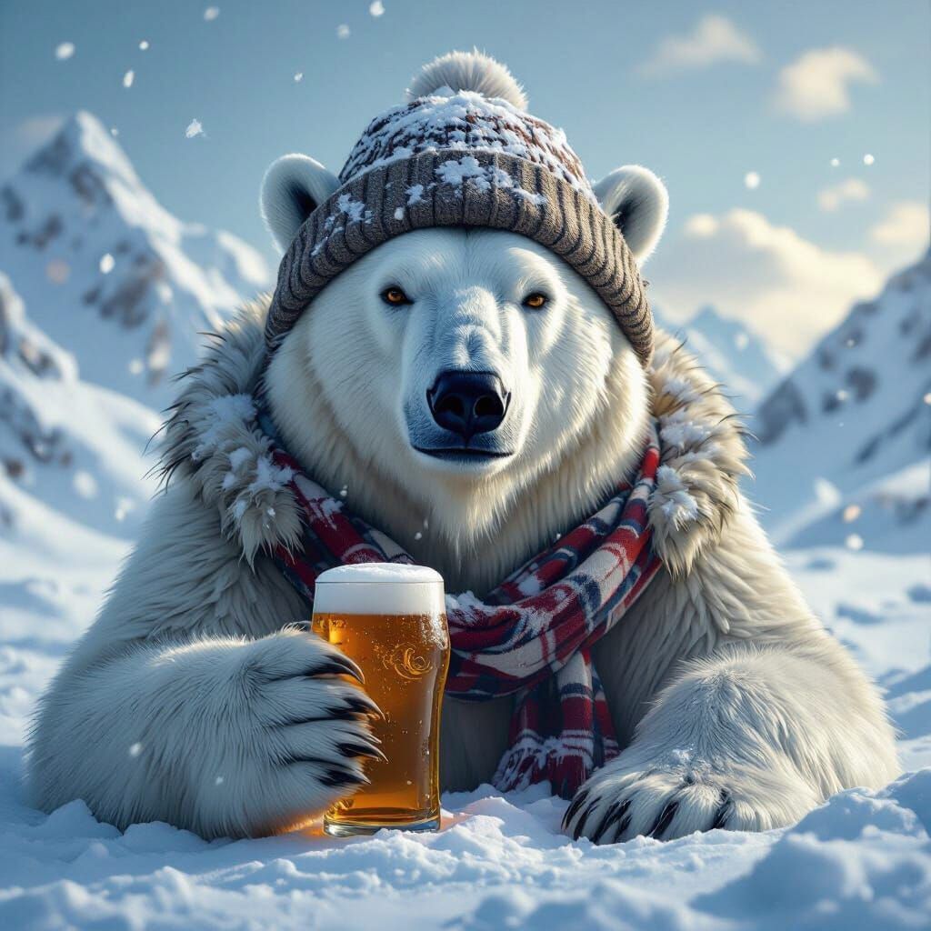 Polar Bear Holds Beer in Snowy Landscape