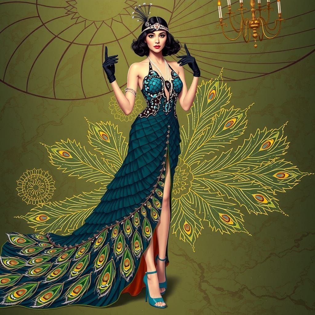 Glamorous Flapper Girl in Opulent Peacock Evening Gown