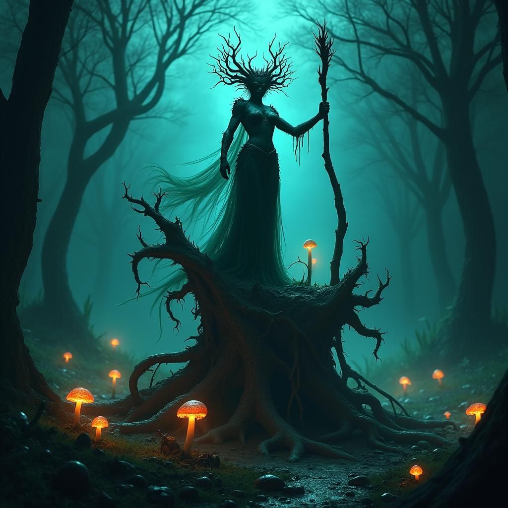Dark Faerie Queen in Mystical Forest, Matte Painting