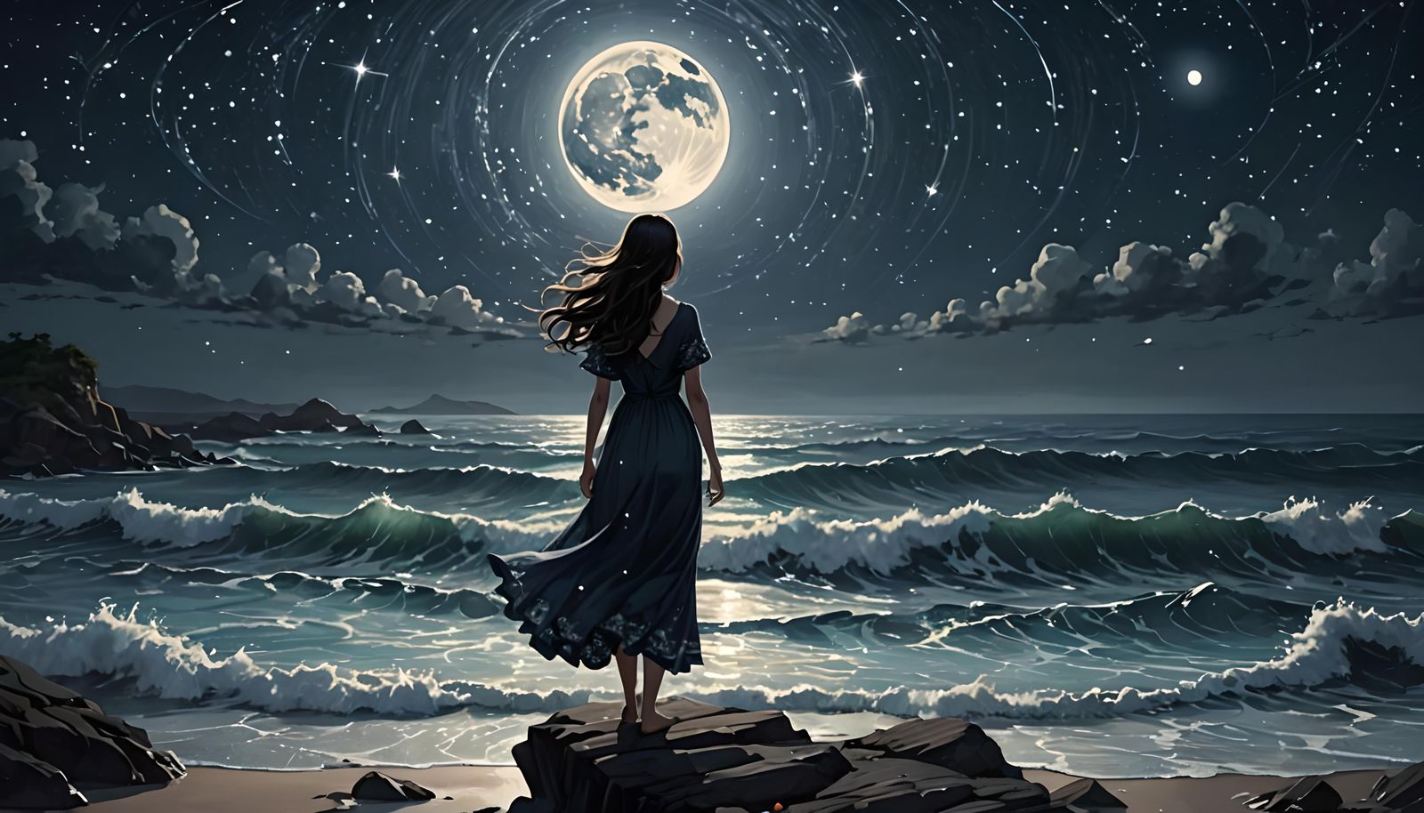 Moonlit Silhouette: Woman by the Ocean