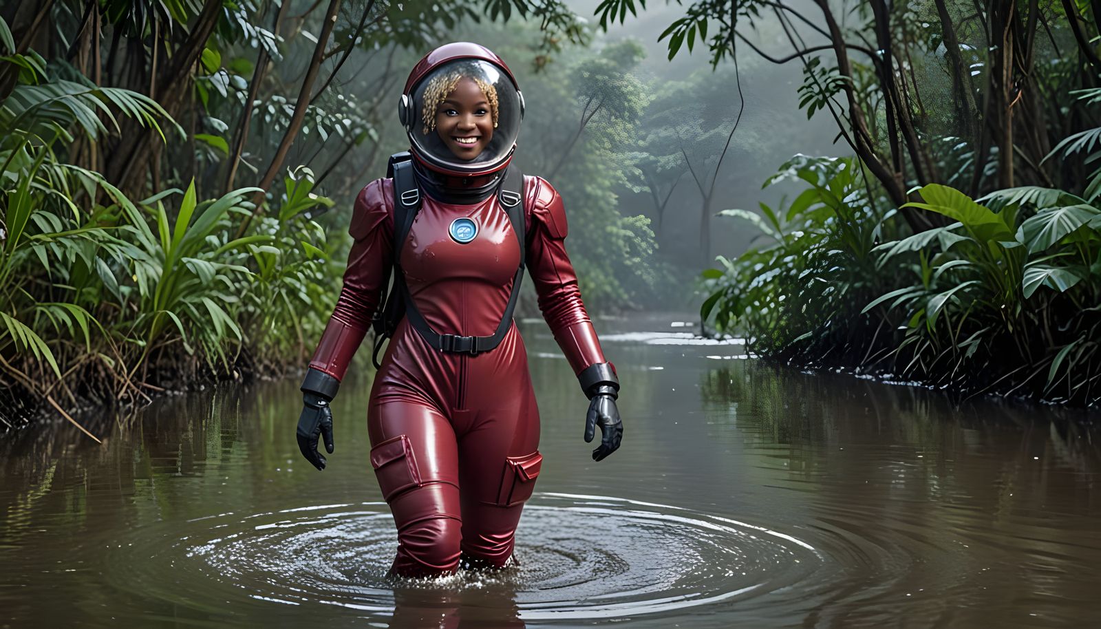 Astronaut Wades Through Jungle River at Night