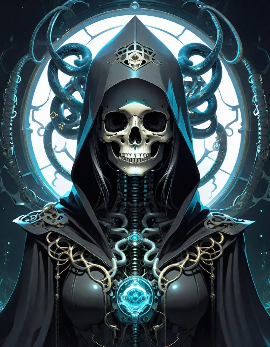 Mechanical Skull Woman with Snakes, Anime Style