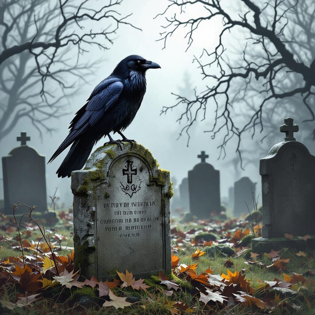 Lone Raven on Gravestone in Moonlit Gothic Cemetery