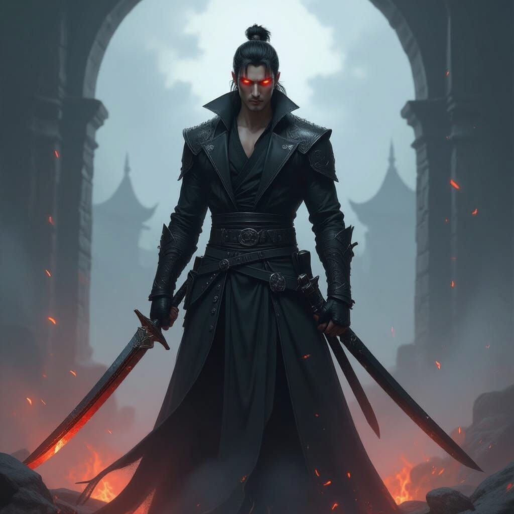 Sung Jin-Woo: Dark Fantasy Warrior with Glowing Eyes