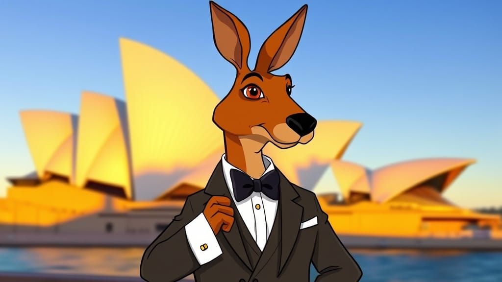 Debonair Kangaroo at Sydney Opera House in Whimsical Cartoon...