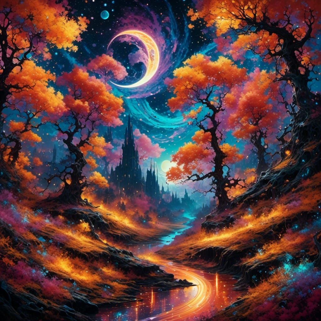 Enchanted Autumn Forest Under a Starry Night Sky