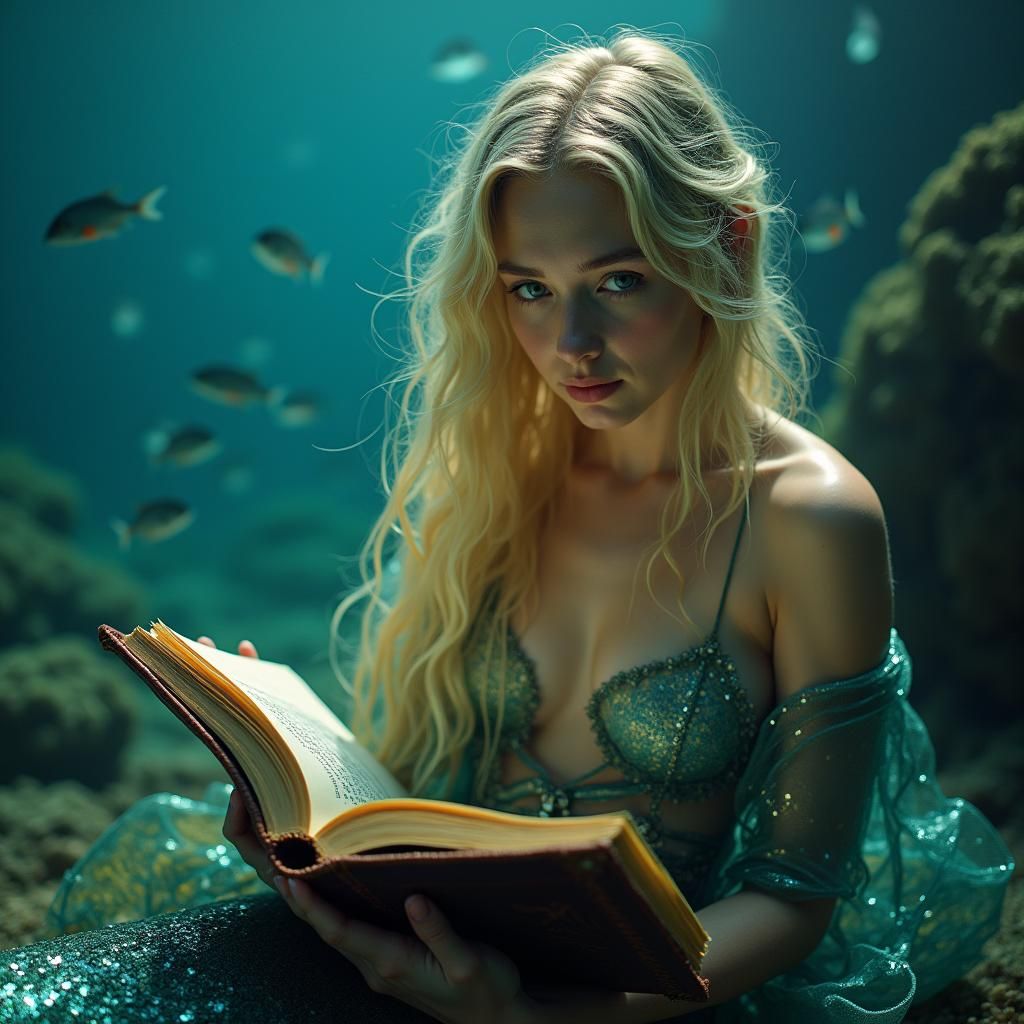 Blonde Mermaid Reading Book in Underwater Grotto