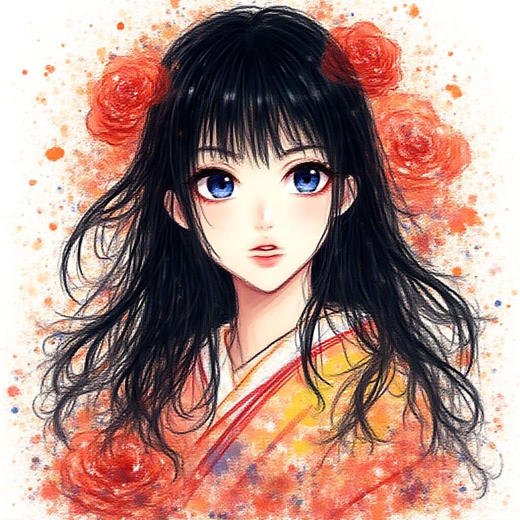 Anime-Inspired Portrait of a Young Woman in Traditional Kimo...