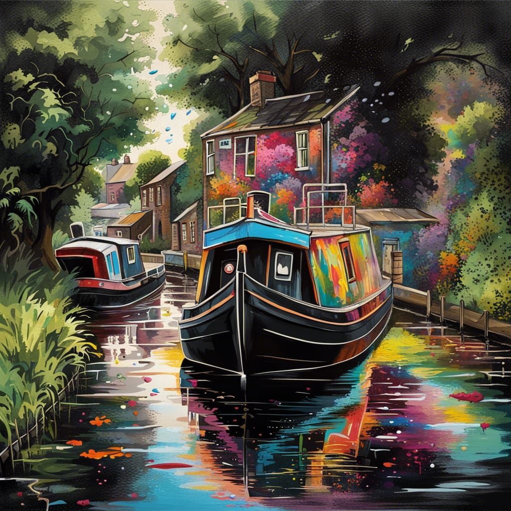 Narrowboat on English Canals in Graffiti Art Style