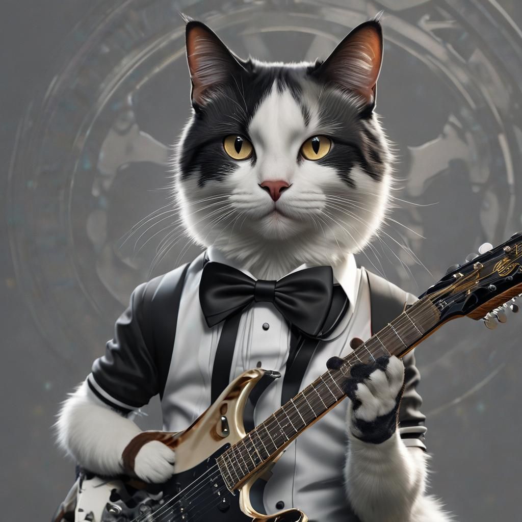 Tuxedo Cat Plays Guitar: Hyperdetailed Portrait