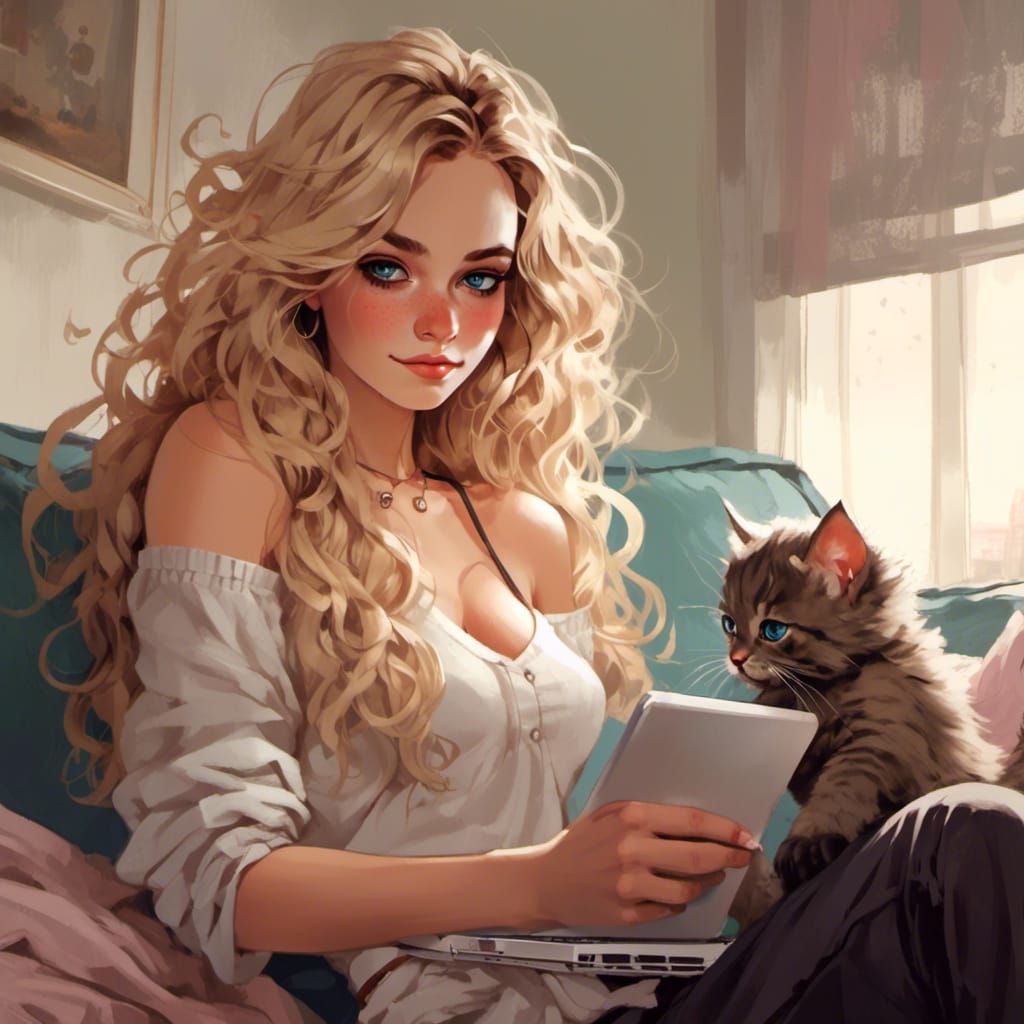 Woman Enjoys Tea with Kittens on Sofa