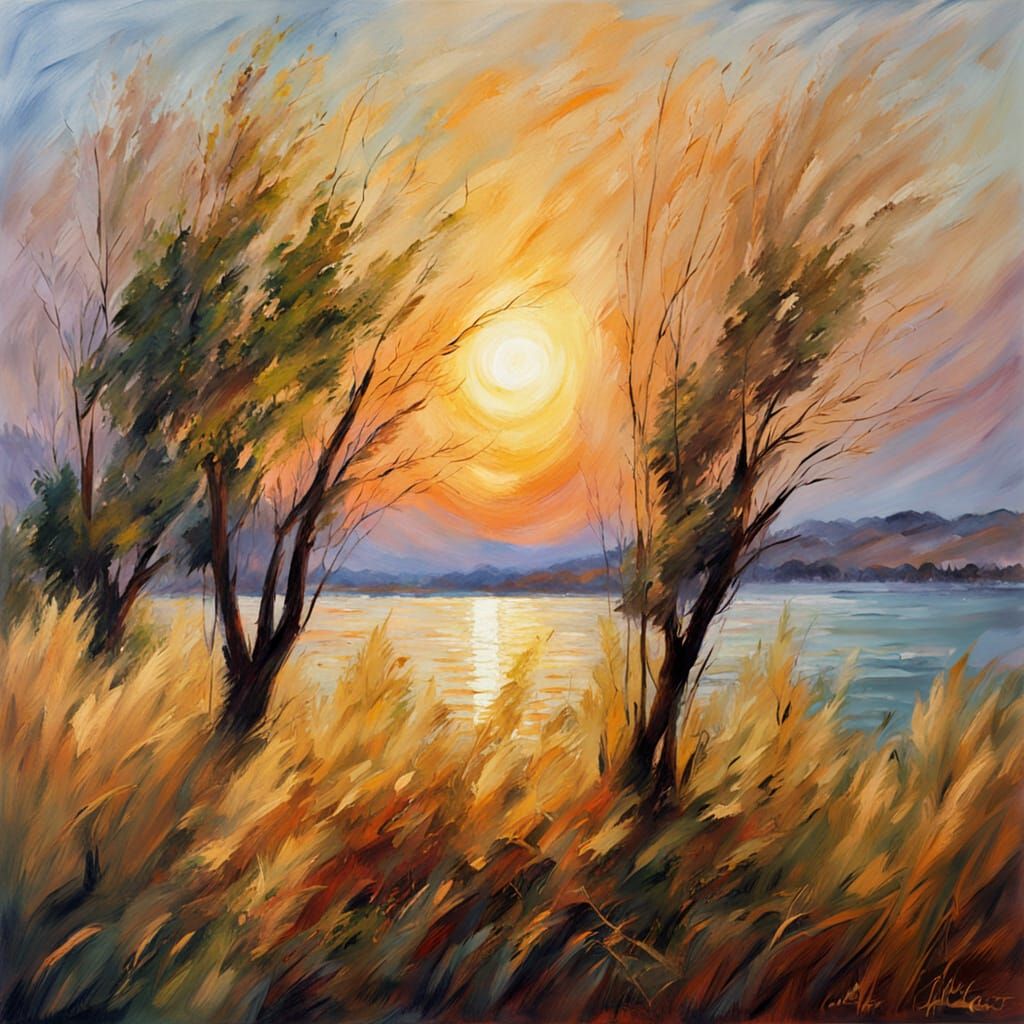 Monet-Inspired Sea of Galilee at Sunset with Swaying Grass