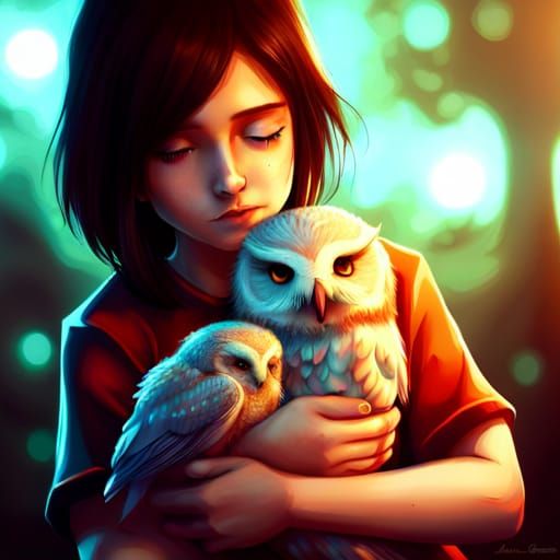 Girl Hugging a Fluffy Owl in Soft Light