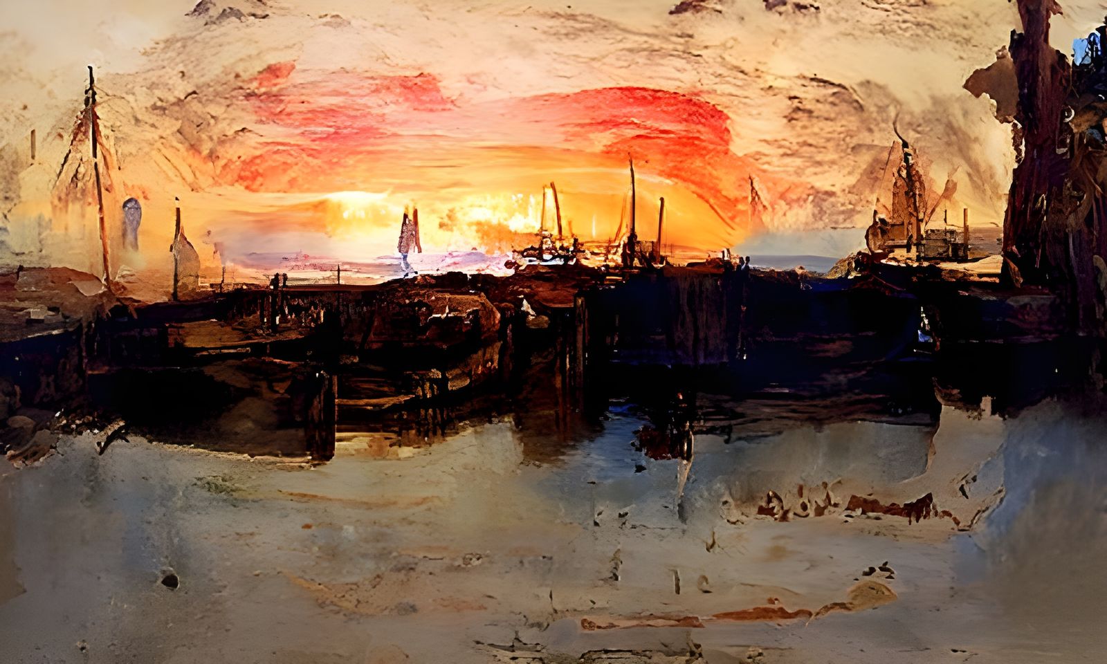 Sunset Harbor in Style of Turner Painting